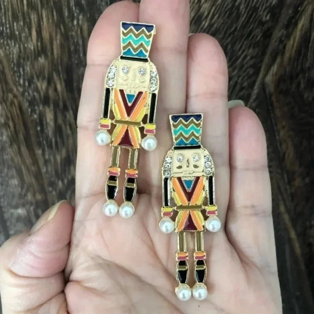 Large Gold Multicolor Colorful Nutcracker Stud Earrings NWT